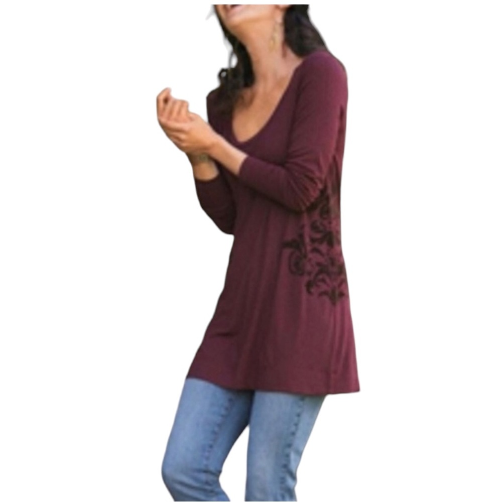 Soft Surroundings Burgundy Tunic with Black Floral Design